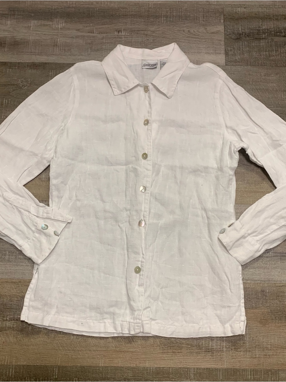 Chicos White Linen Button Up Longsleeve Top Size 0 US Small Lightweight Coastal